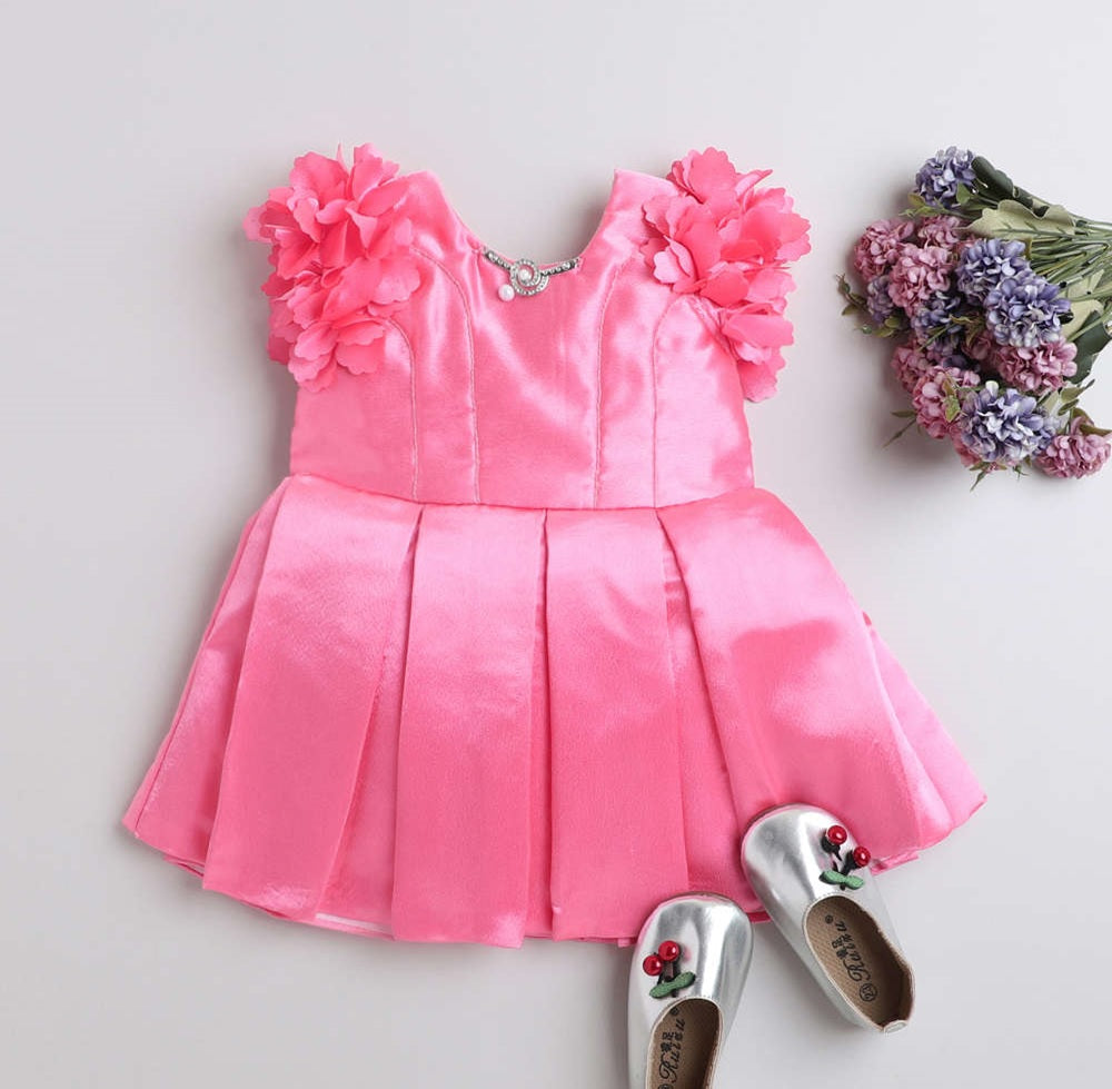 Flower Embelished Cap Sleeves Dress Pink