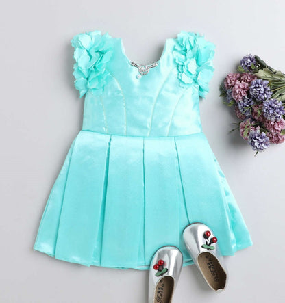 Flower Embelished Cap Sleeves Dress Aqua Blue