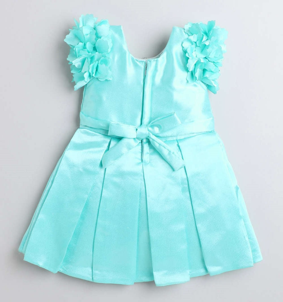 Flower Embelished Cap Sleeves Dress Aqua Blue