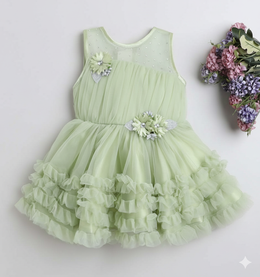 Sleeveless Flower Emebelished Ruffle Dress Mint Green