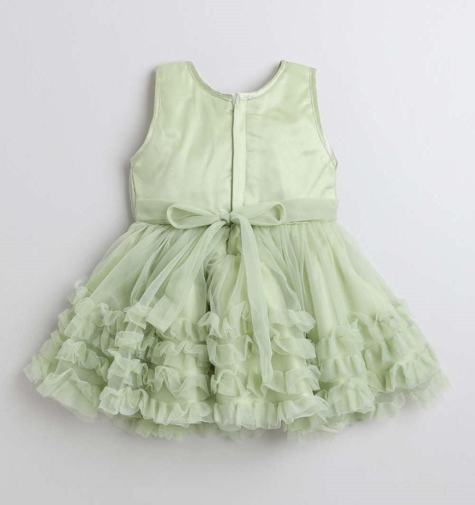 Sleeveless Flower Emebelished Ruffle Dress Mint Green