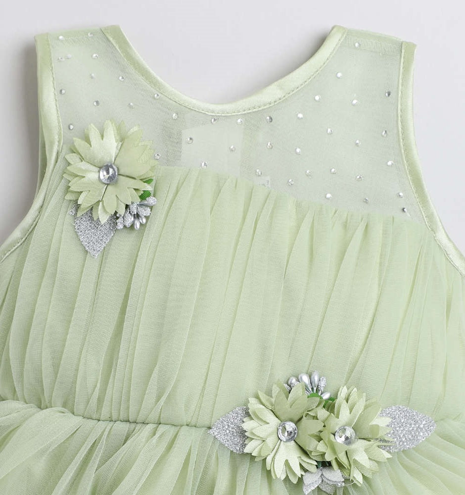 Sleeveless Flower Emebelished Ruffle Dress Mint Green