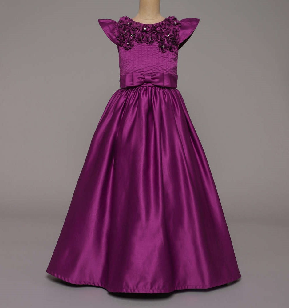 Bow Embelished Cap Sleeves Long Gown Dress For Girls-Magenta
