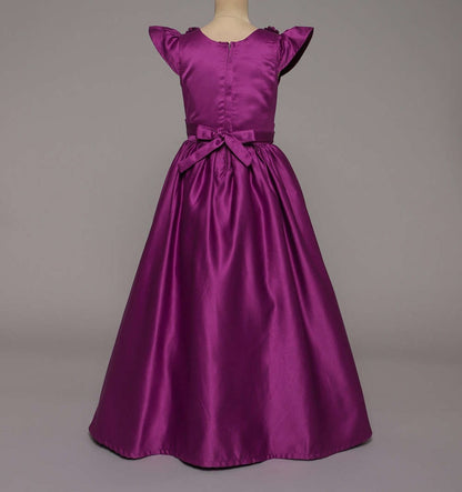 Bow Embelished Cap Sleeves Long Gown Dress For Girls-Magenta
