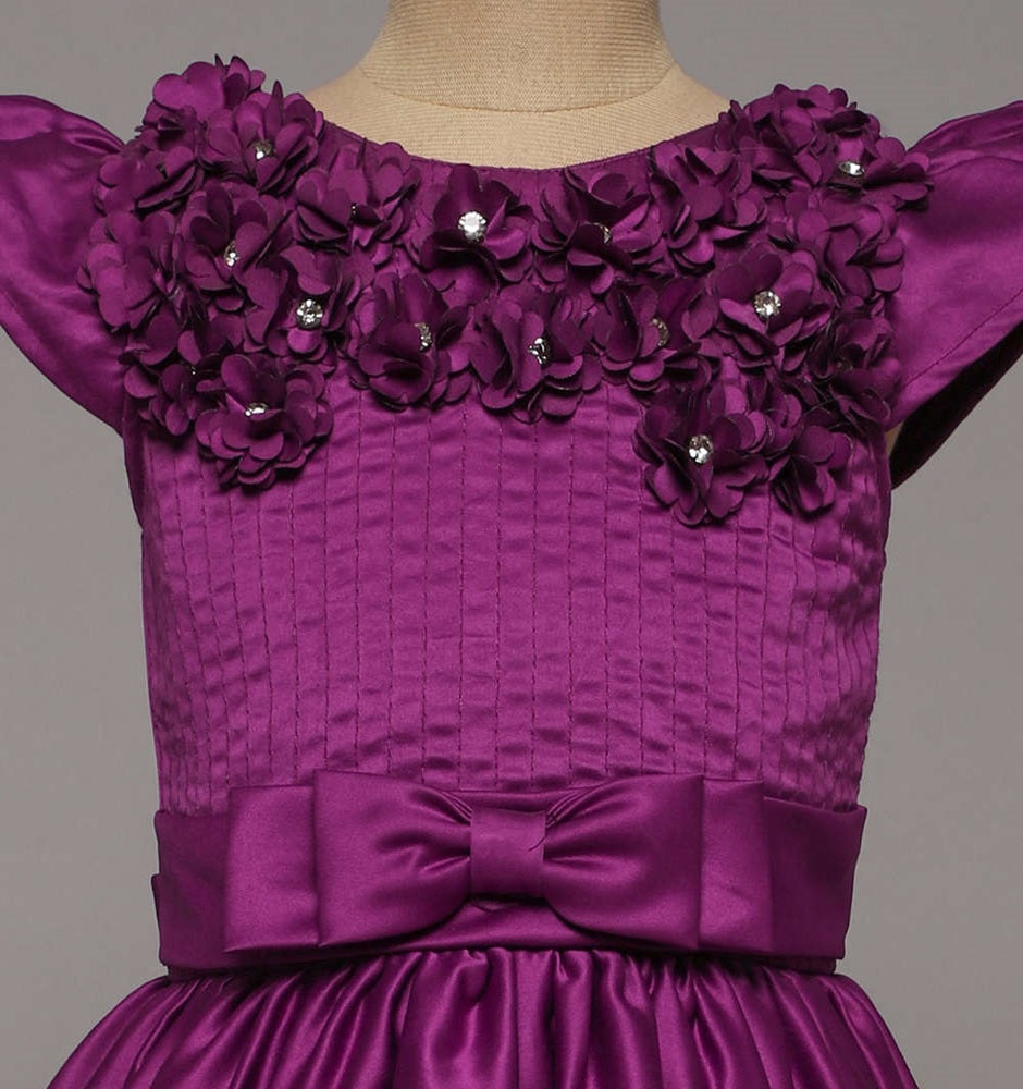 Bow Embelished Cap Sleeves Long Gown Dress For Girls-Magenta