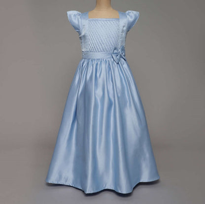 Cap Sleeves Placement Smocked Detailed   & Bow Embellished Gown - Blue