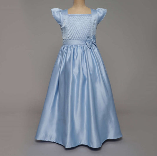 Cap Sleeves Placement Smocked Detailed   & Bow Embellished Gown - Blue
