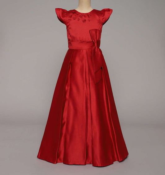 Bow Embellished Cap Sleeves Long Gown Dress For Girls - Red