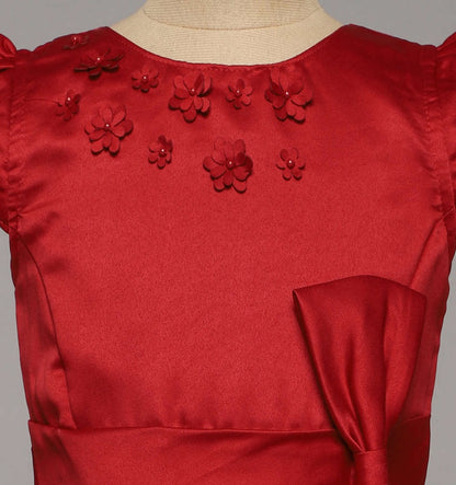 Bow Embellished Cap Sleeves Long Gown Dress For Girls - Red