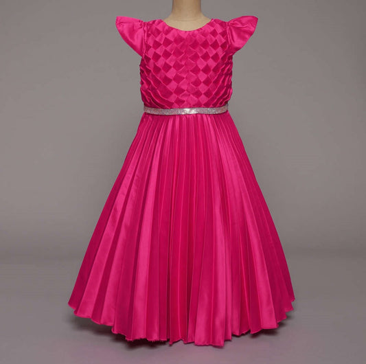 Cap Sleeves Canadian Smocking Detailed Bodice With Placement Stone Embellished Gown - Fuchsia Pink