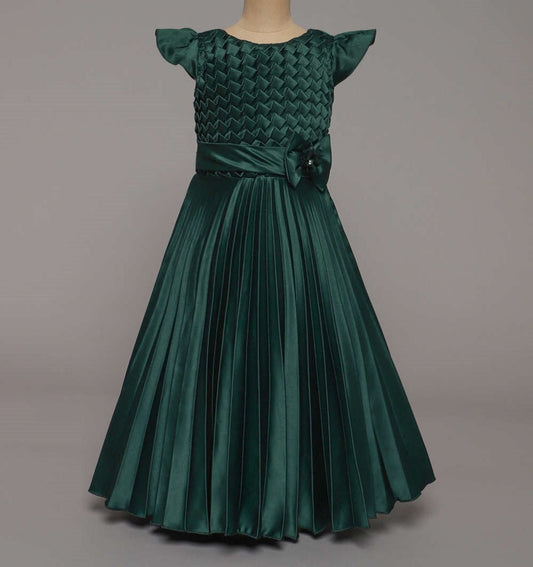 Cap Sleeves Canadian Smocking Detailed Bodice With Bow Embellished Gown - Green