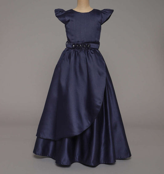 Bow Embellished Cap Sleeves Long Gown Dress For Girls - Navy