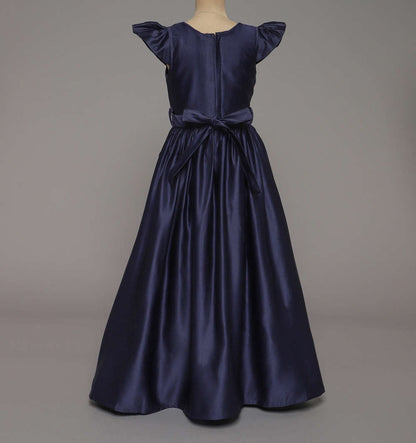 Bow Embellished Cap Sleeves Long Gown Dress For Girls - Navy