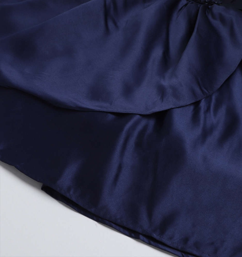 Bow Embellished Cap Sleeves Long Gown Dress For Girls - Navy