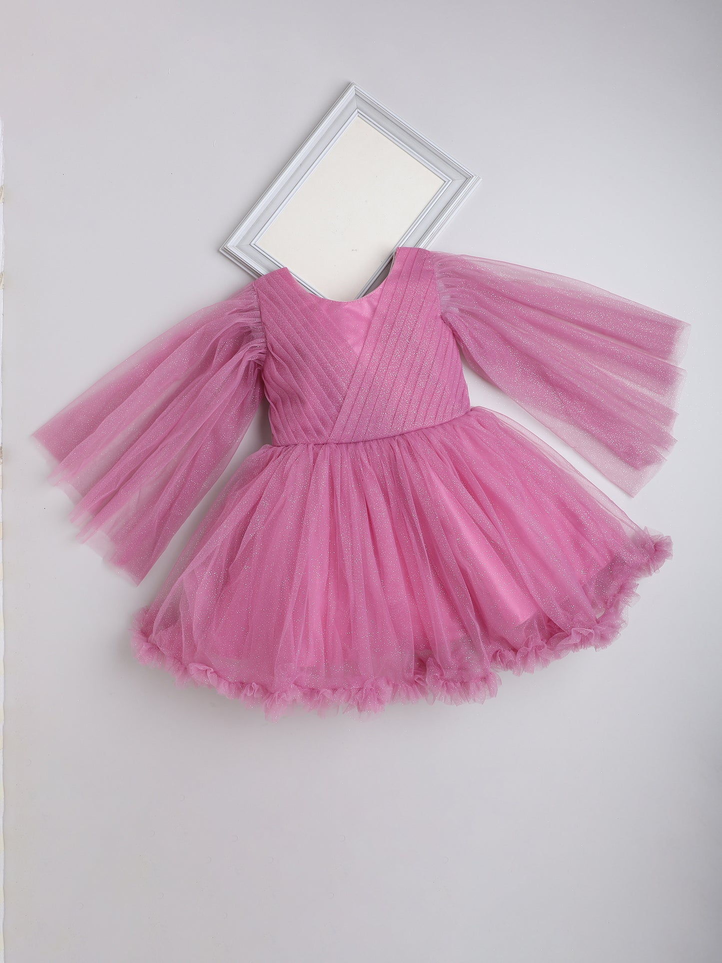 Ruffle Detailed Fit & Flare 3/4th Sleeves Party Dress For Girls- Onion Pink