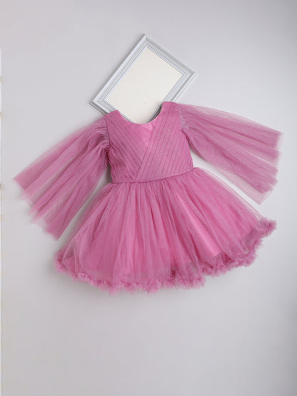 Ruffle Detailed Fit & Flare 3/4th Sleeves Party Dress For Girls- Onion Pink