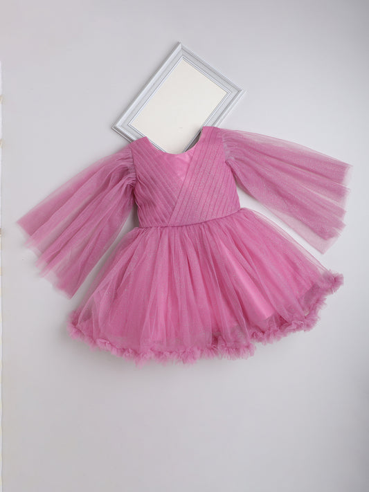 Ruffle Detailed Fit & Flare 3/4th Sleeves Party Dress For Girls- Onion Pink