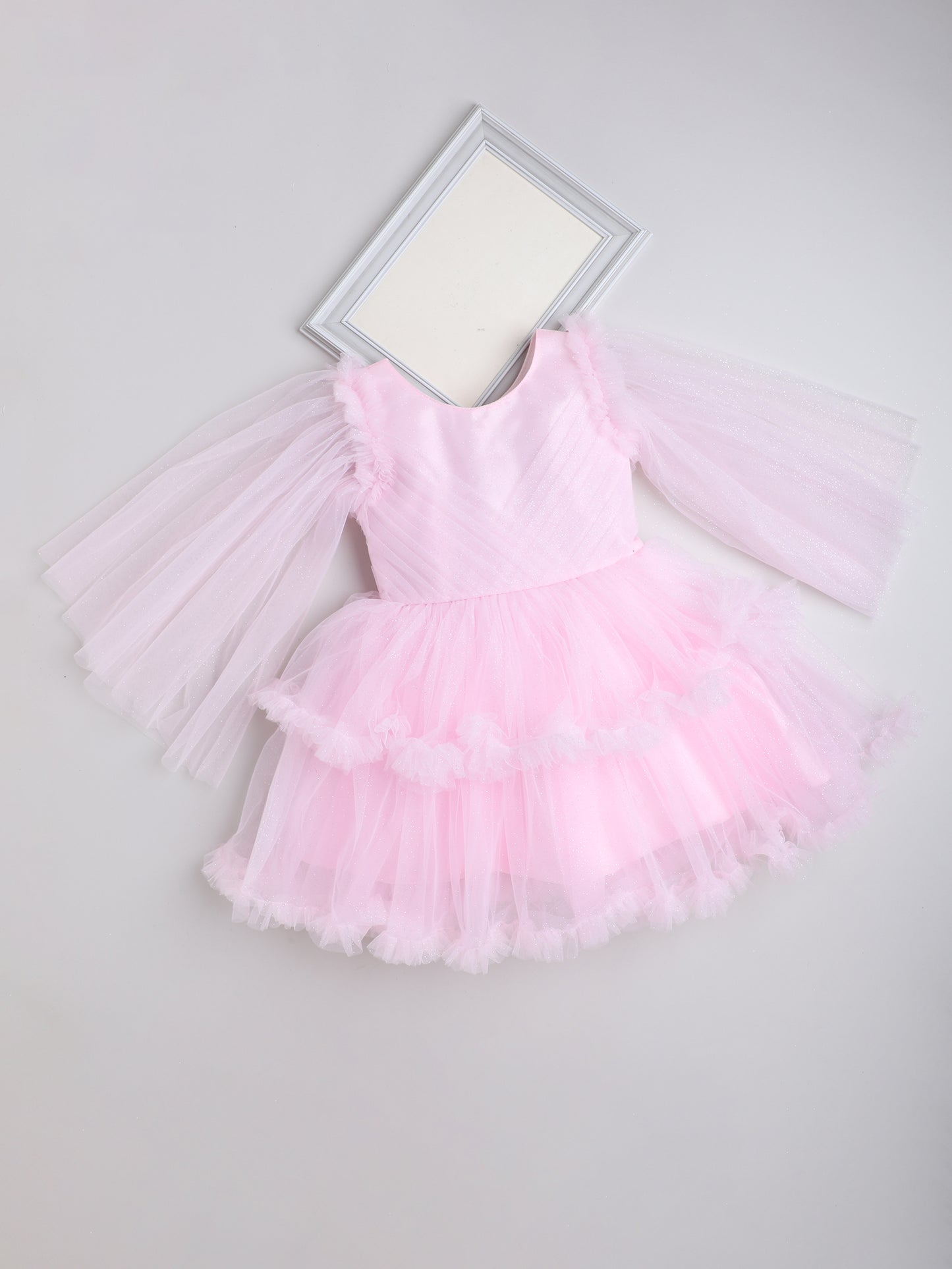 Full Sleeves Net Party Dress- Pink