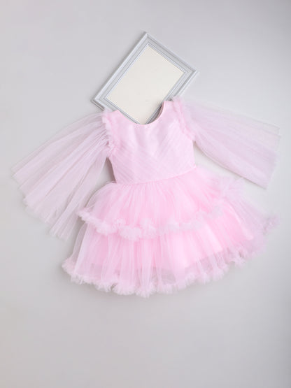 Full Sleeves Net Party Dress- Pink