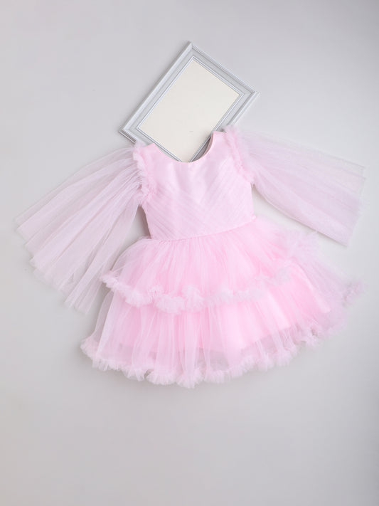 Full Sleeves Net Party Dress- Pink