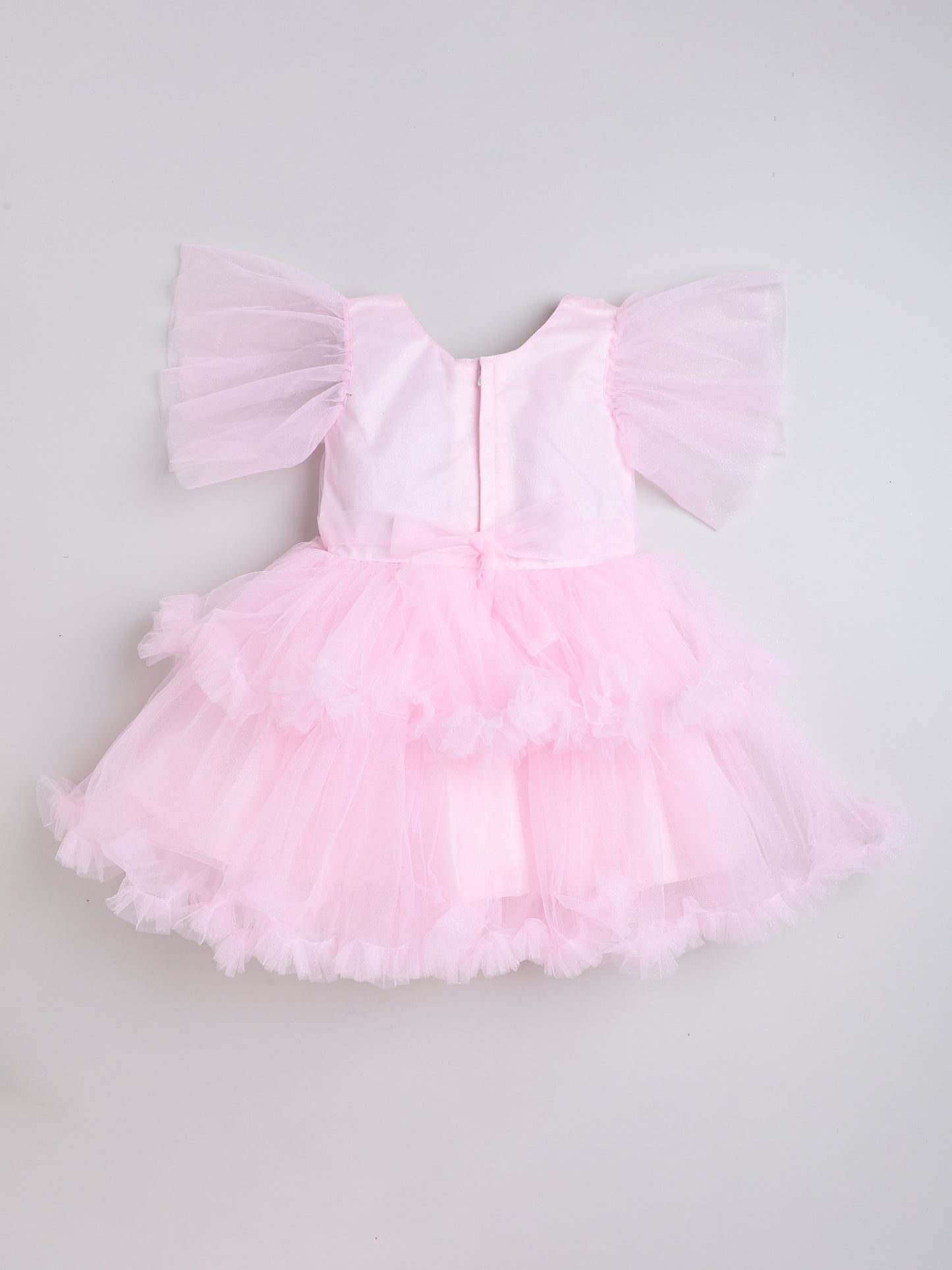 Full Sleeves Net Party Dress- Pink