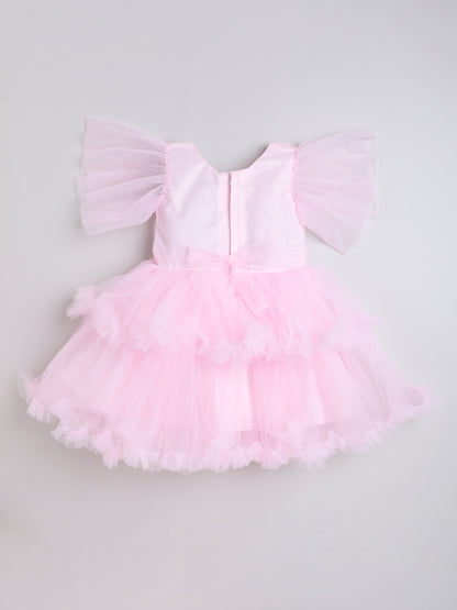 Full Sleeves Net Party Dress- Pink