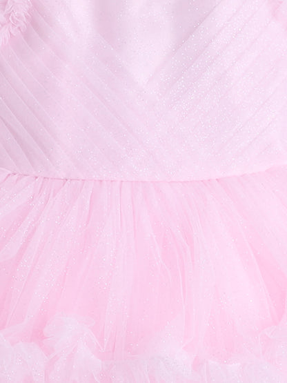 Full Sleeves Net Party Dress- Pink