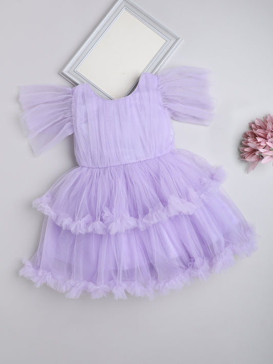 Ruffle Detailed Fit & Flare Short Sleeves Tiered Party Dress For Girls - Lavender