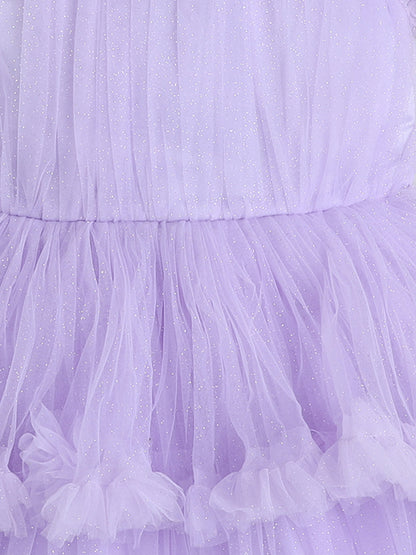 Ruffle Detailed Fit & Flare Short Sleeves Tiered Party Dress For Girls - Lavender