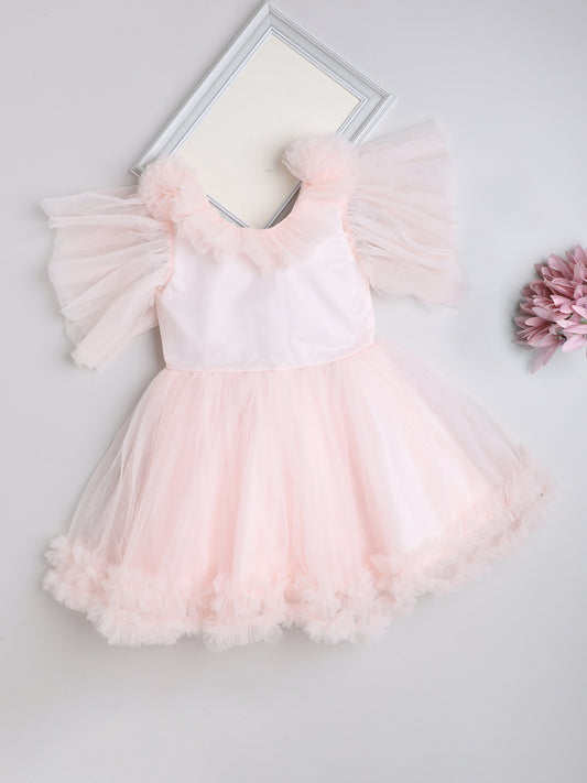 Ruffle Detailed Fit & Flare Short Sleeves Party Dress For Girls - Peach