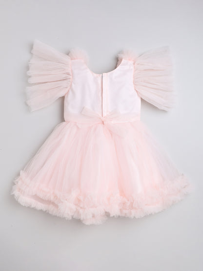 Ruffle Detailed Fit & Flare Short Sleeves Party Dress For Girls - Peach