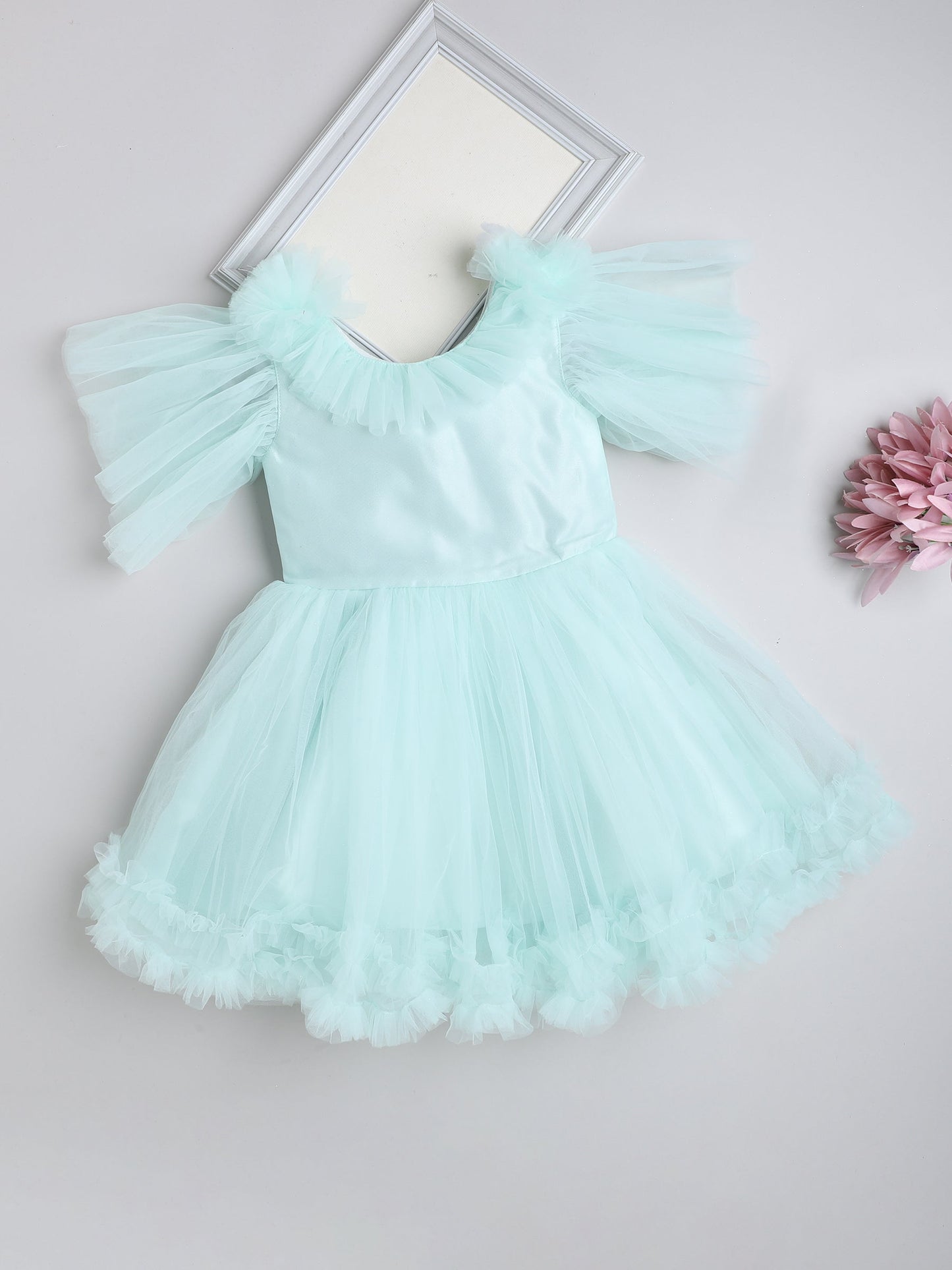 Ruffle Detailed Fit & Flare Short Sleeves Party Dress For Girls-Green
