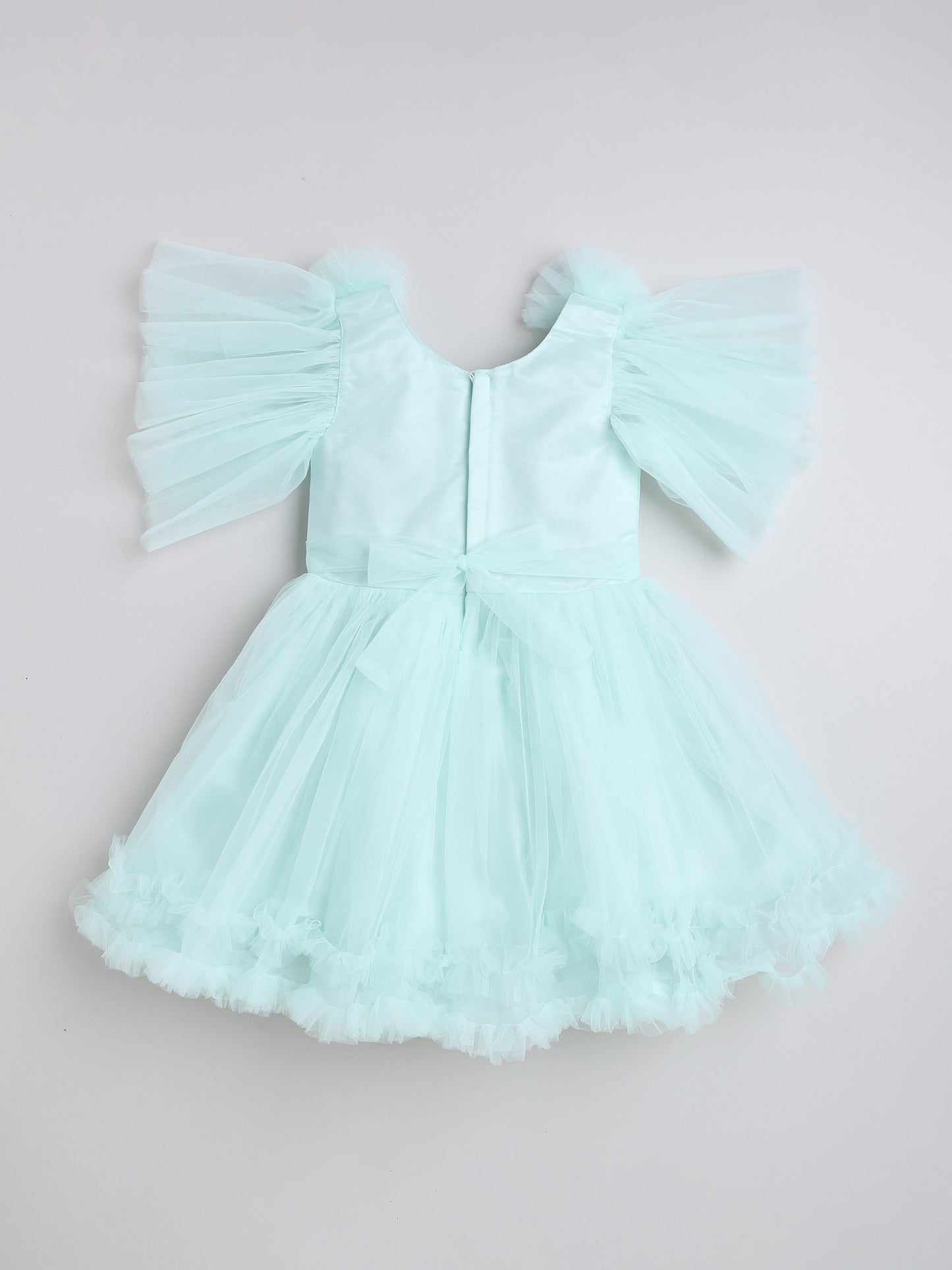 Puff Sleeves Net Party Dress- Sea Green