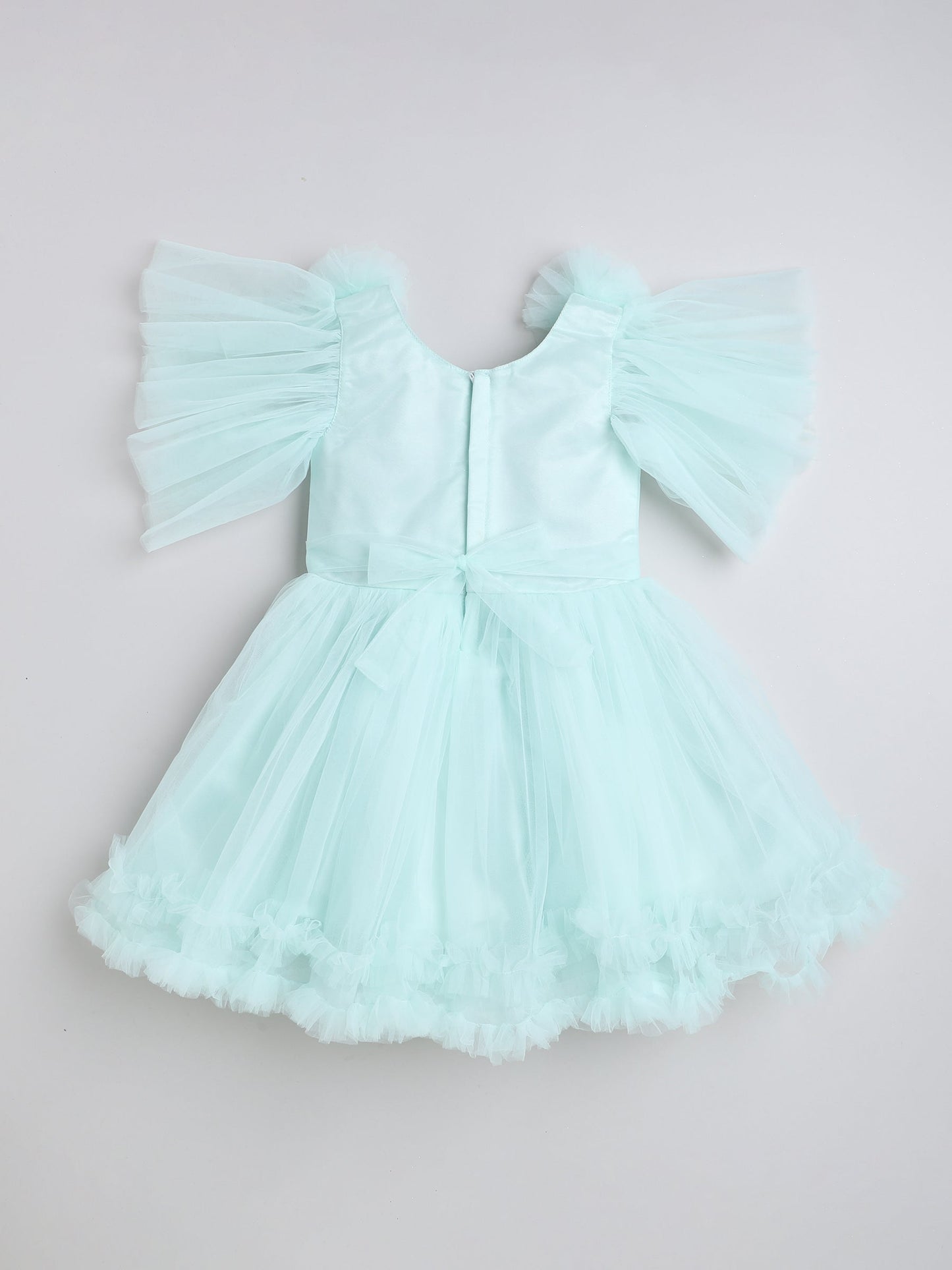 Ruffle Detailed Fit & Flare Short Sleeves Party Dress For Girls-Green