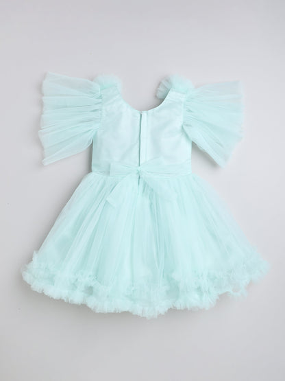 Ruffle Detailed Fit & Flare Short Sleeves Party Dress For Girls-Green