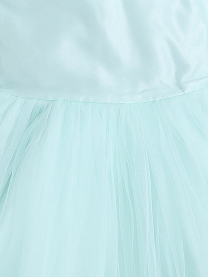 Ruffle Detailed Fit & Flare Short Sleeves Party Dress For Girls-Green