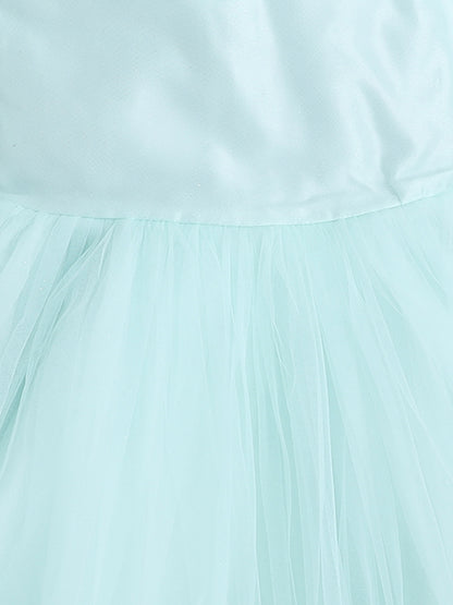 Puff Sleeves Net Party Dress- Sea Green