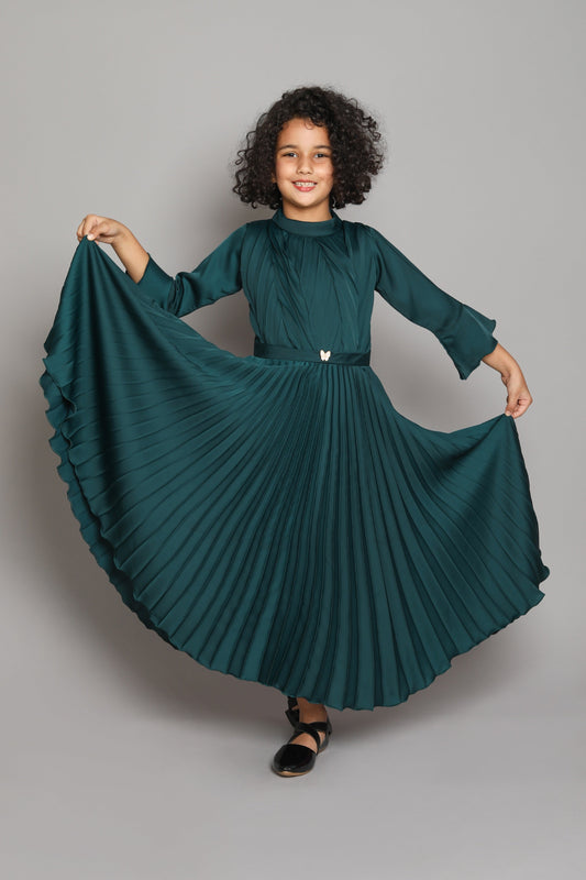 Three Fourth Bell Sleeves Accordion Pleated Fit & Flare Party Gown - Green