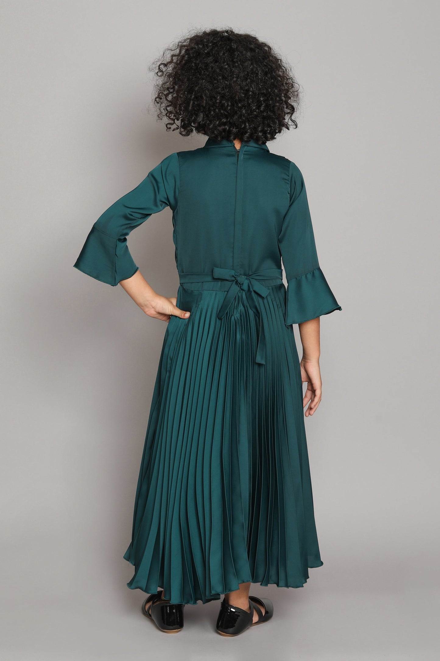 Three Fourth Bell Sleeves Accordion Pleated Fit & Flare Party Gown - Green