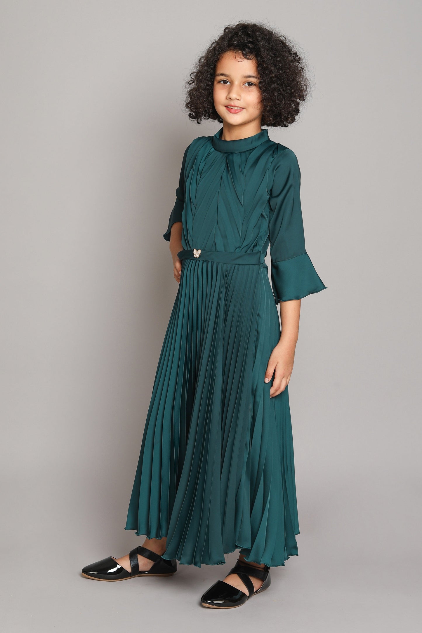 Three Fourth Bell Sleeves Accordion Pleated Fit & Flare Party Gown - Green