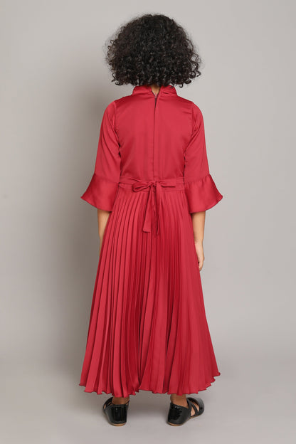 The Magic Wand Solid 3/4th Sleeves Pleated Fit & Flare Party Gown With Butterfly Applique For Girls - Red