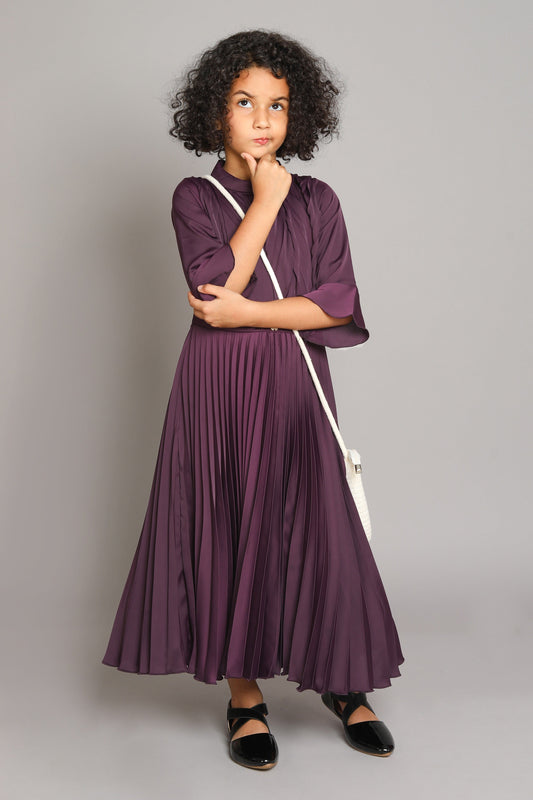 The Magic Wand Solid 3/4th Sleeves Pleated Fit & Falre Party Gown With Butterfly Applique For Girls Magenta