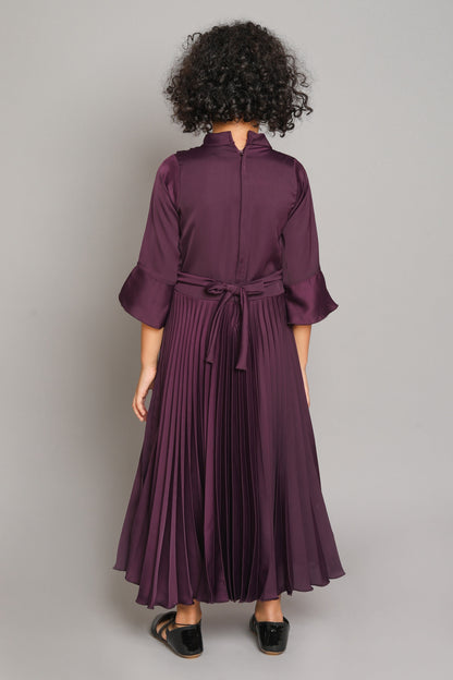 The Magic Wand Solid 3/4th Sleeves Pleated Fit & Falre Party Gown With Butterfly Applique For Girls Magenta