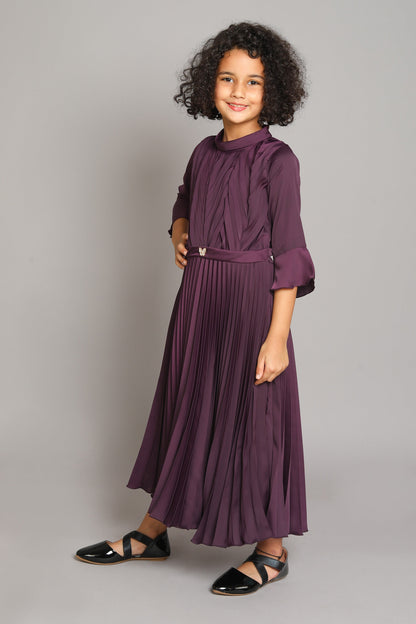 The Magic Wand Solid 3/4th Sleeves Pleated Fit & Falre Party Gown With Butterfly Applique For Girls Magenta