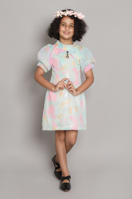Tie & Dye Short Sleeves Bow Embelished Fit & Falre Party Dress For Girls Off White
