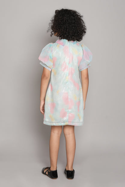 Tie & Dye Short Sleeves Bow Embelished Fit & Falre Party Dress For Girls Off White