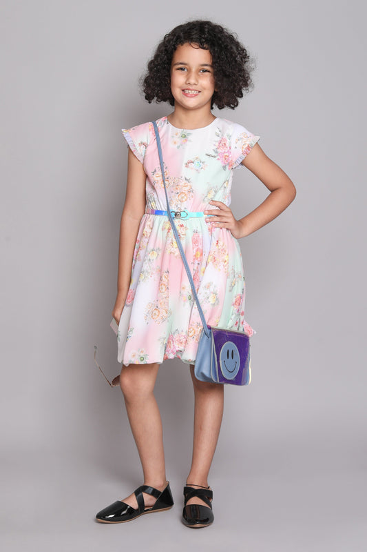 The Magic Wand Floral Digital Printed Short Sleeves Fit & Flare Party Dress With Belt For Girls - Peach