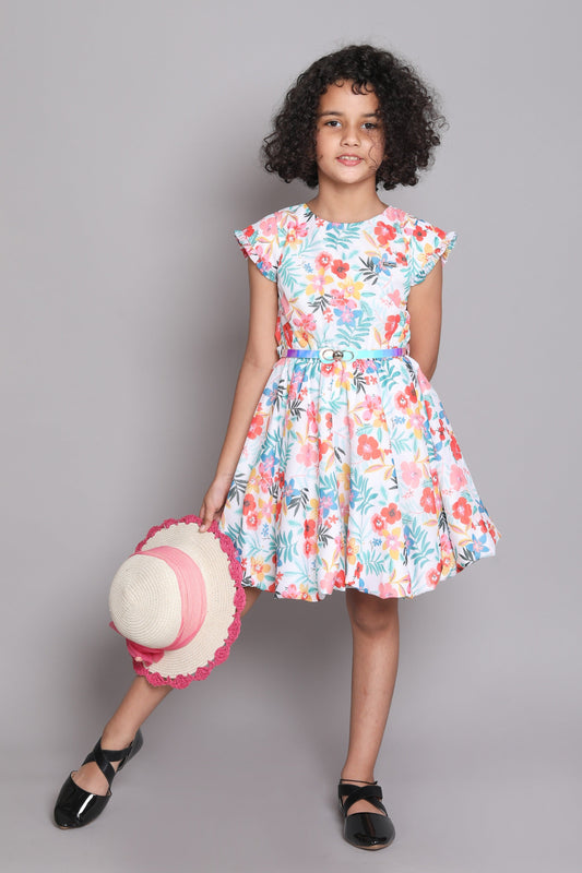The Magic Wand Floral Digital Printed Short Sleeves Fit & Flare Party Dress With Belt For Girls - Off White
