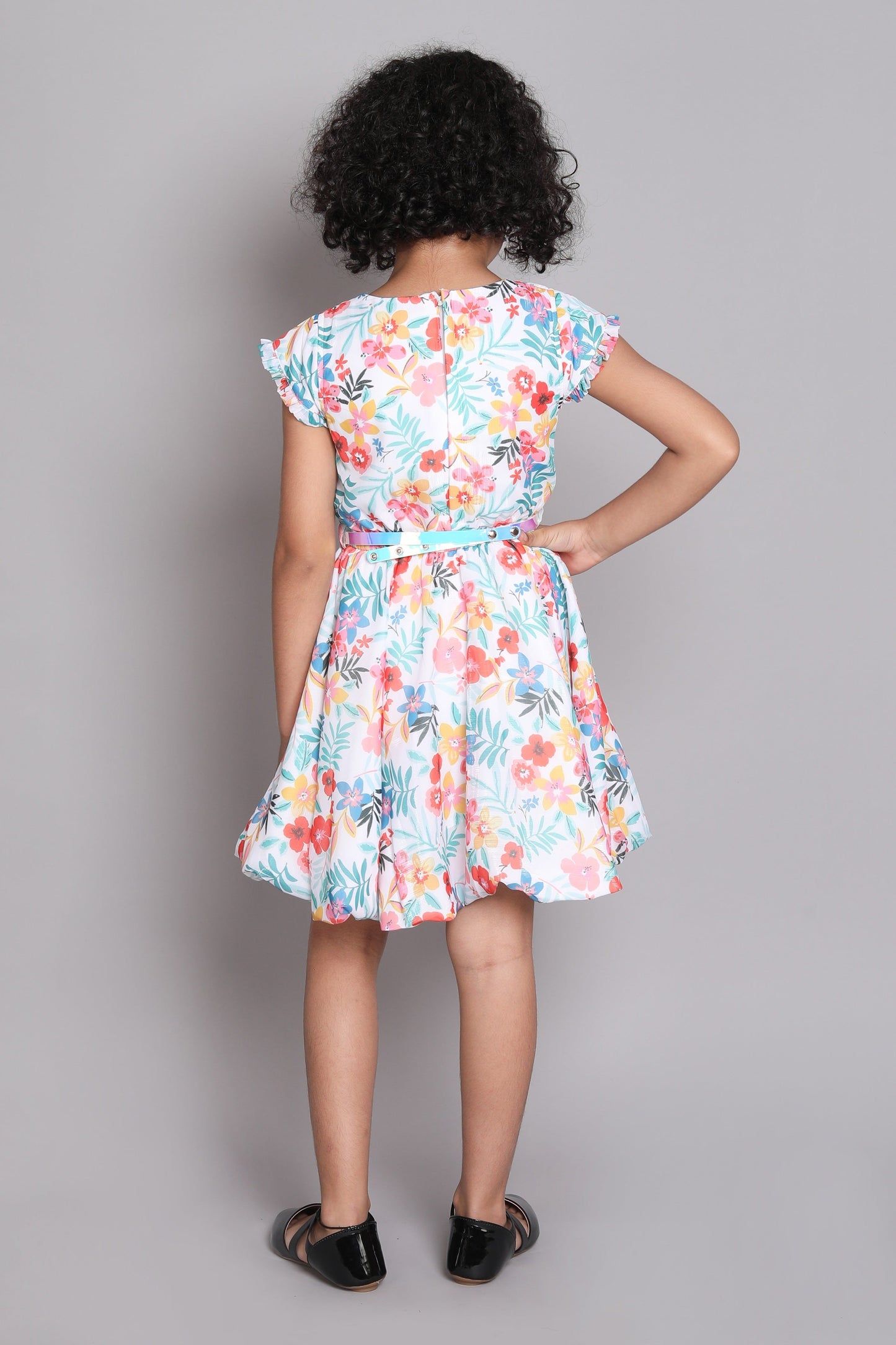 The Magic Wand Floral Digital Printed Short Sleeves Fit & Flare Party Dress With Belt For Girls - Off White