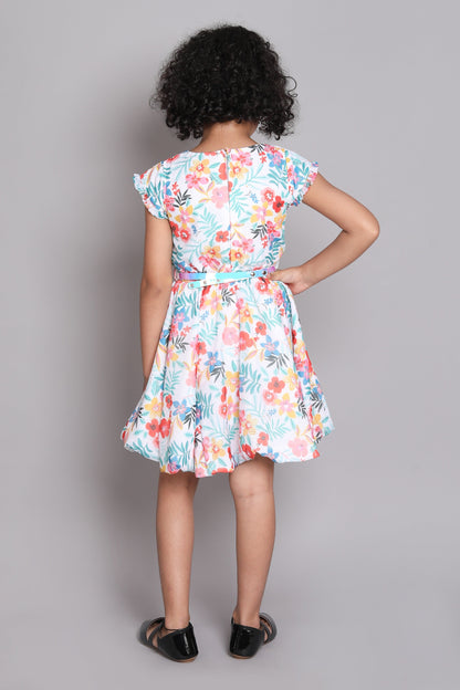 The Magic Wand Floral Digital Printed Short Sleeves Fit & Flare Party Dress With Belt For Girls - Off White